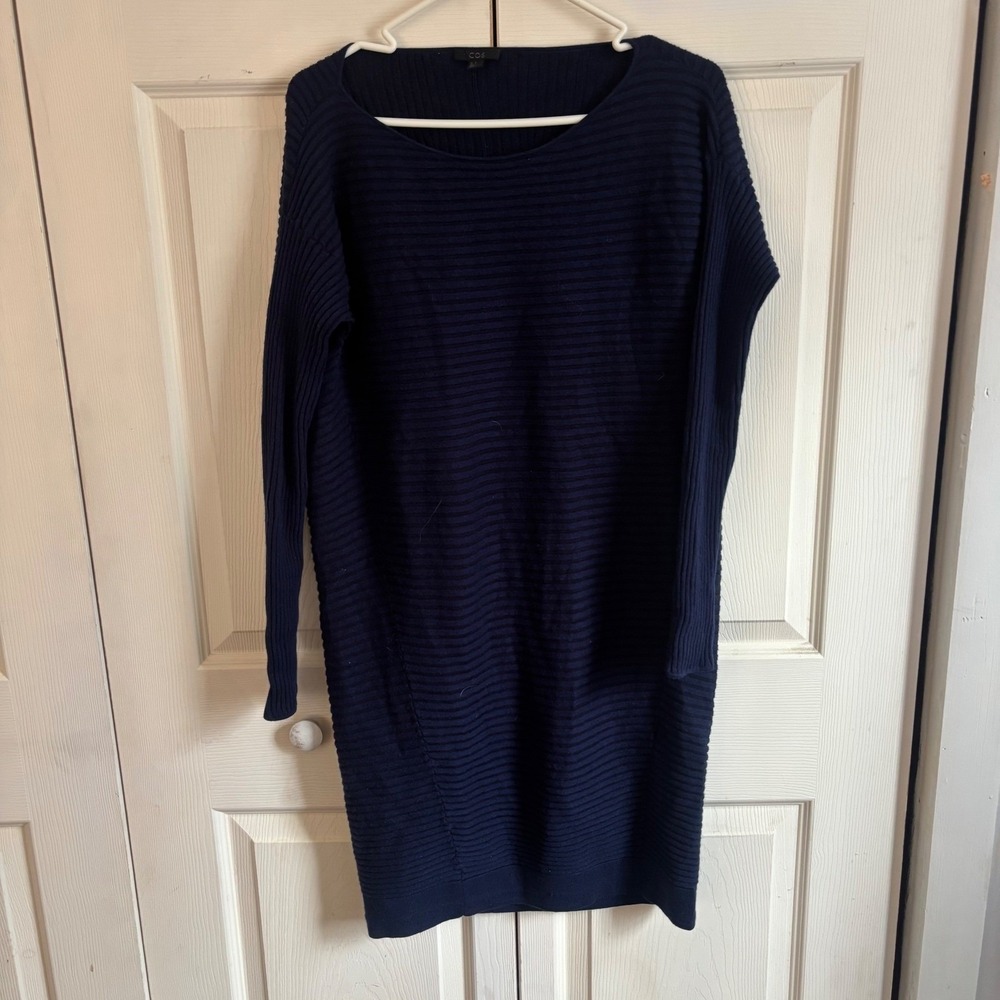 COS 100% Wool Navy Blue Ribbed Knit Boat Neck Long Sleeve Sweater Dress Medium